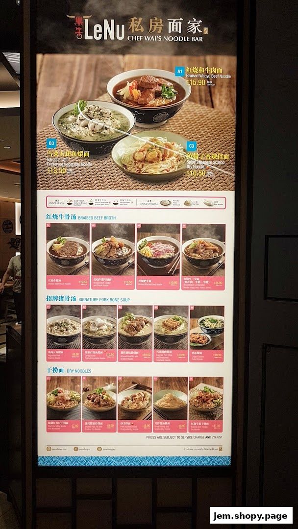 A menu board for LeNu Chef Wai's Noodle Bar showcasing various noodle dishes.