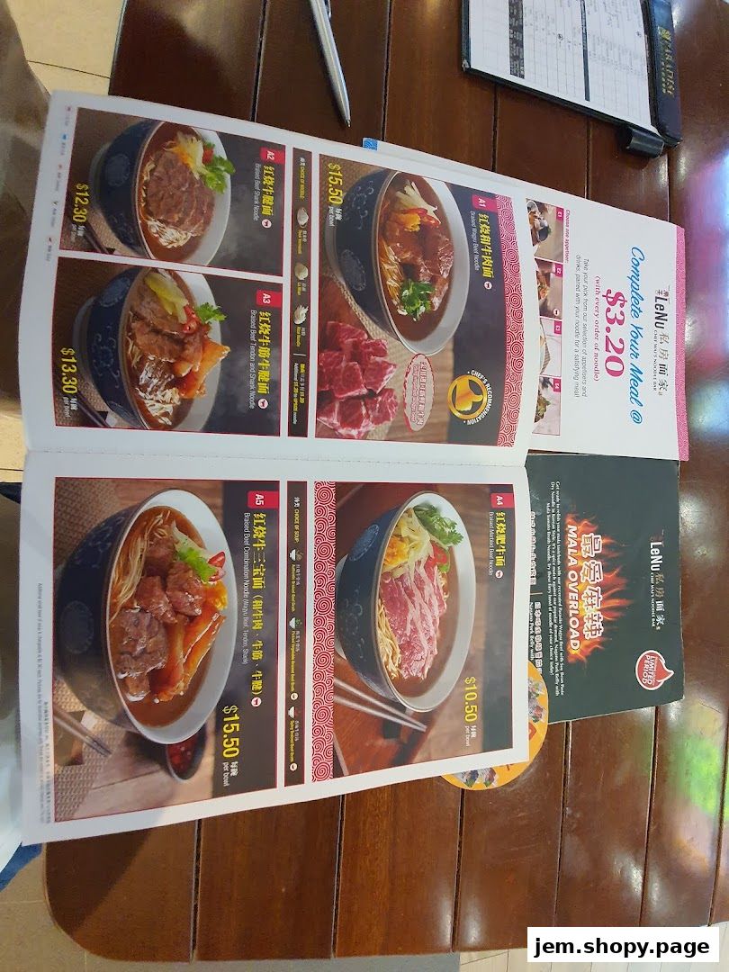 A menu from LeNu Chefs Wai Noodle Bar showcasing various noodle dishes with prices.