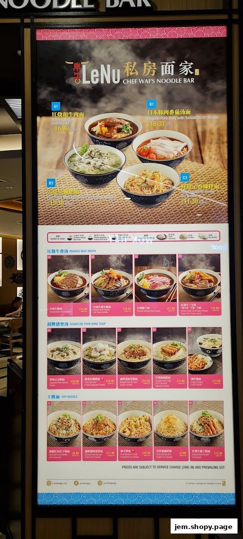 A menu board for LeNu Chef Wai's Noodle Bar showcasing various noodle dishes with prices.