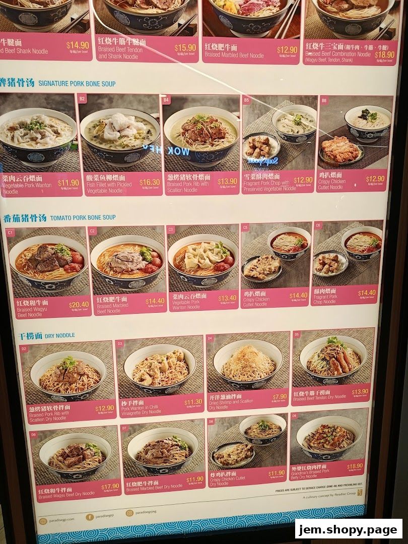 A menu board displaying various noodle dishes with prices and descriptions.