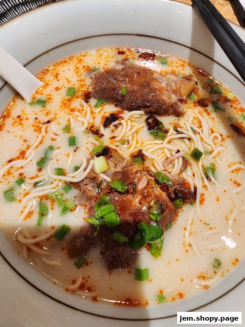 A close-up of a steaming bowl of noodle soup with tender meat and green onions.