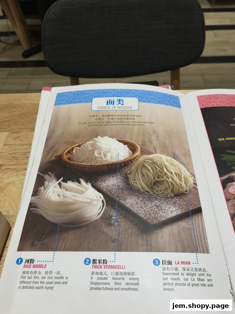 A menu page showcasing three types of noodles offered at LeNu Chefs Wai Noodle Bar.