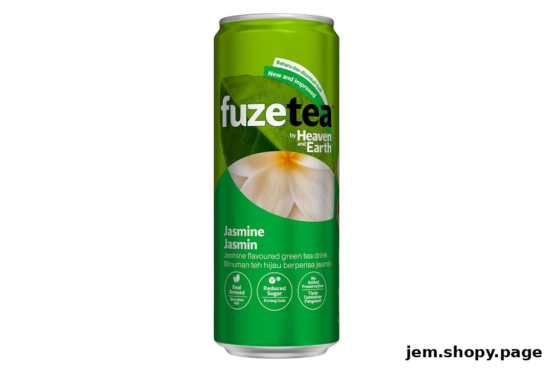 A can of Fuze Tea Jasmine flavored green tea drink with floral imagery.
