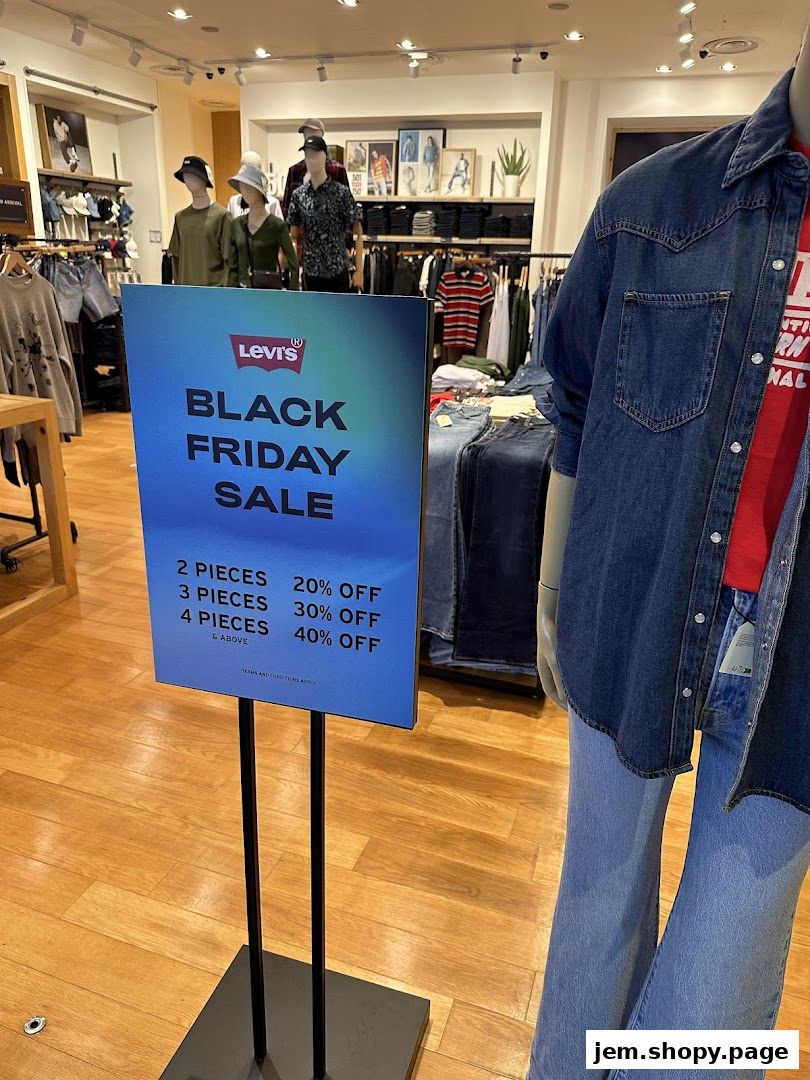 A Levi's store interior with a Black Friday sale sign and mannequins.