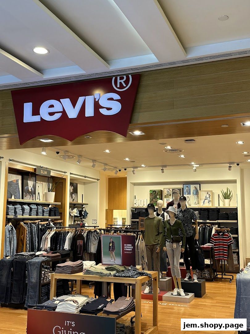 Interior view of a Levi's store showcasing denim jeans, apparel, and mannequins.