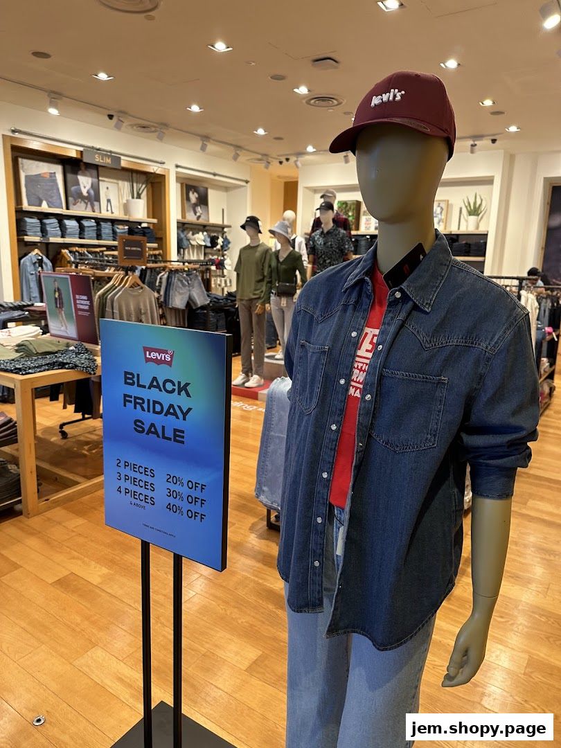 A Levi's store interior with mannequins showcasing clothing and a Black Friday sale sign.