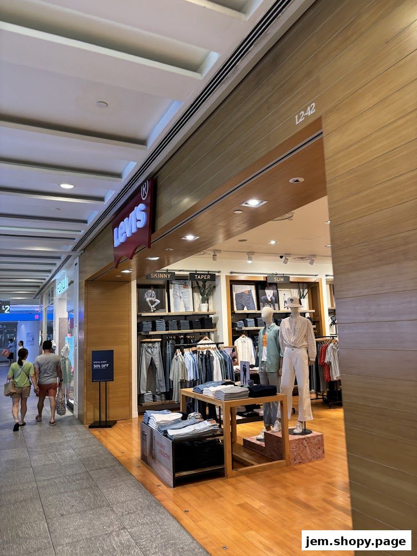 The entrance of a Levi's store displaying jeans and apparel on mannequins and racks.