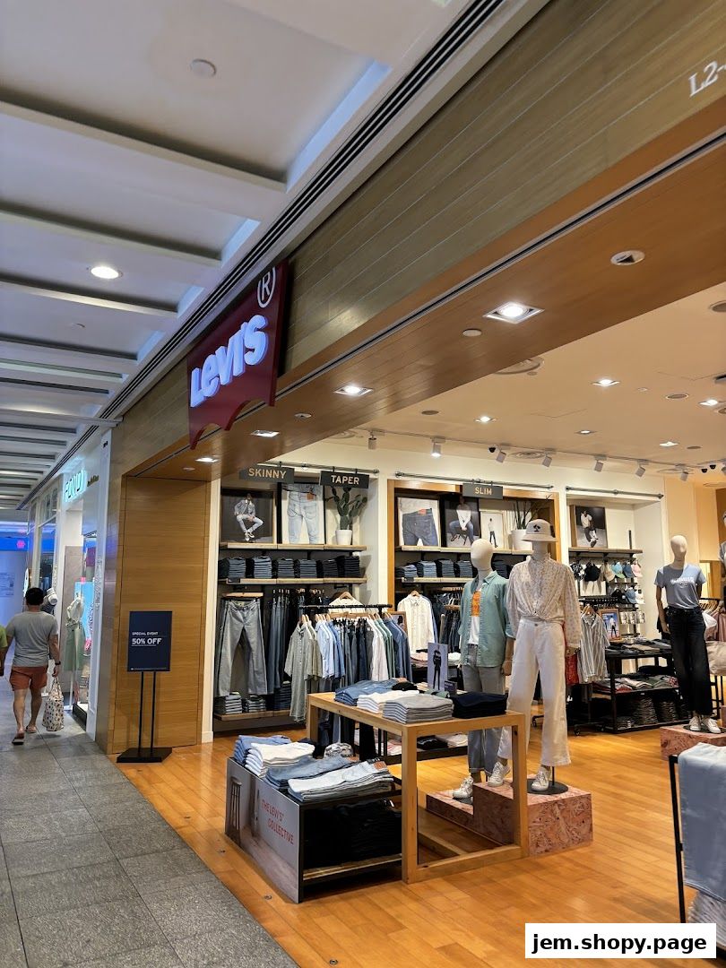 Interior view of a Levi's store showcasing denim jeans, apparel, and mannequins.