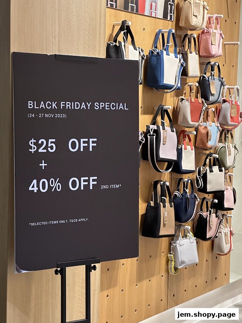 A sign advertises a Black Friday special with discounts on bags displayed on a wall.