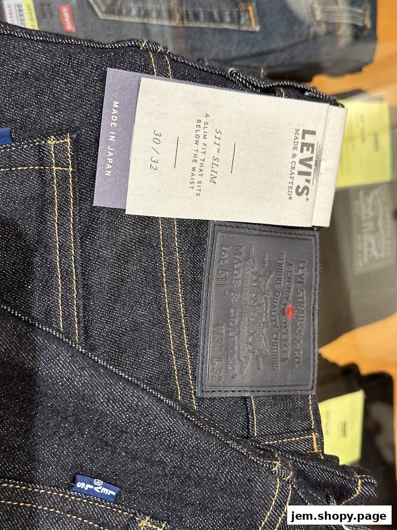 Close-up of dark wash Levi's 511 Slim jeans with tags detailing size and origin.