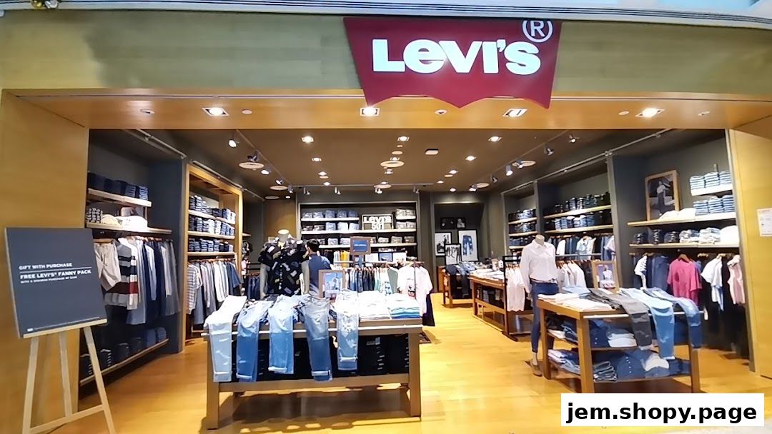 Interior view of a Levi's store showcasing jeans, shirts, and apparel on display.