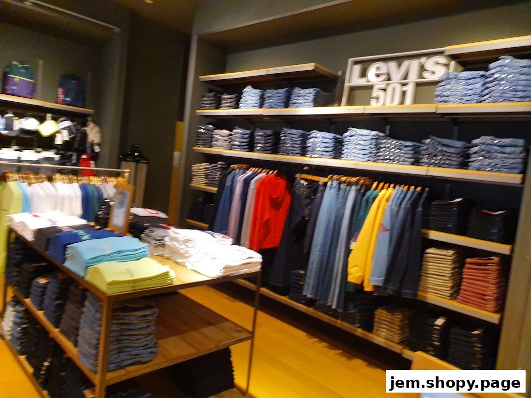 Interior view of a Levi's store showcasing folded jeans and t-shirts on shelves and racks.