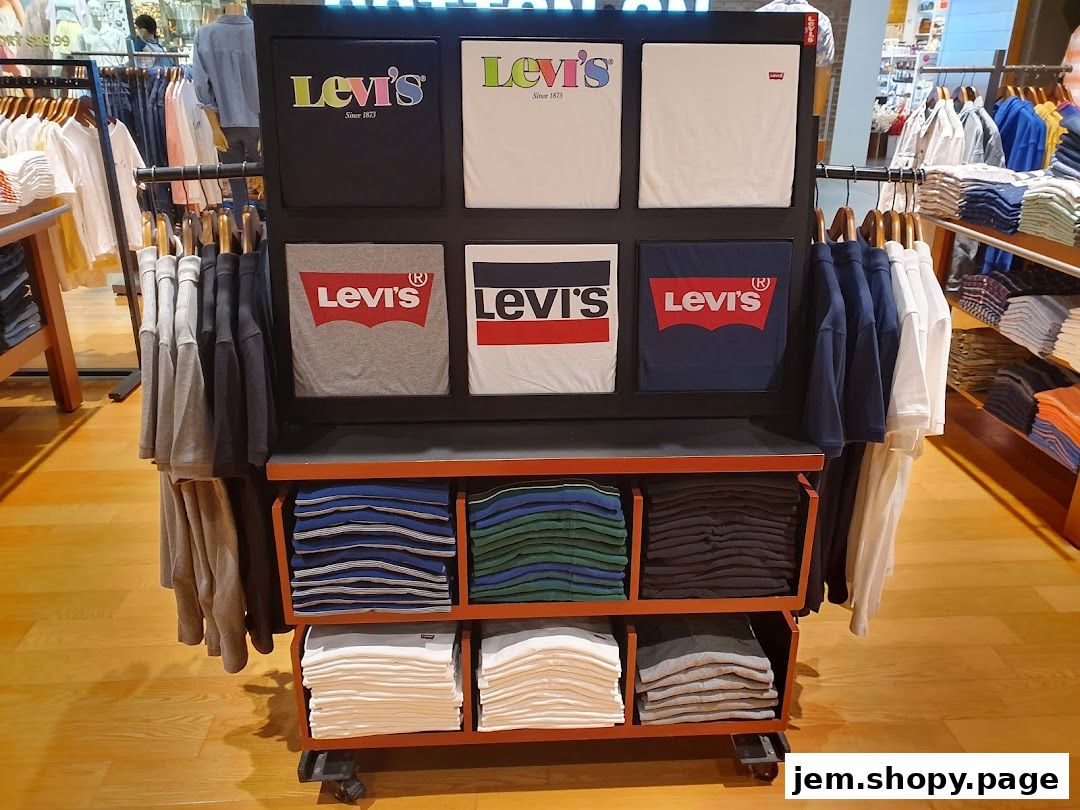 Display of Levi's t-shirts and folded apparel in a retail store.