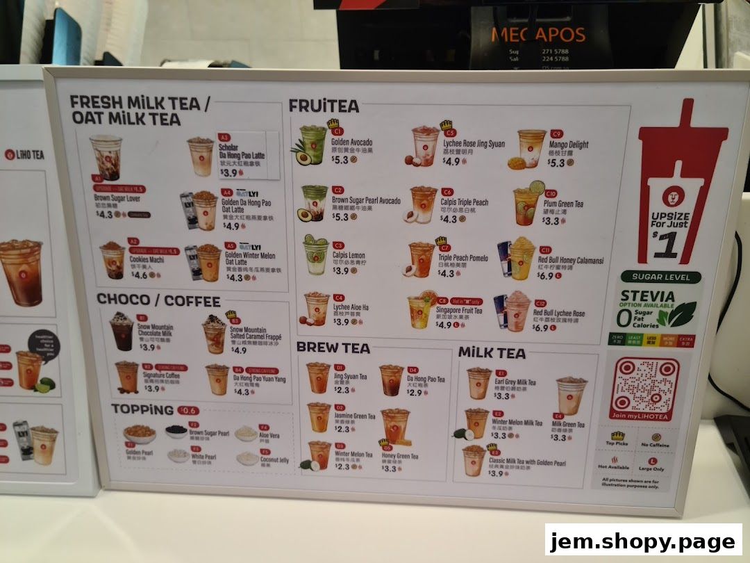 A menu board for LiHO TEA featuring various milk teas, fruit teas, choco/coffee, brew teas, and toppings.
