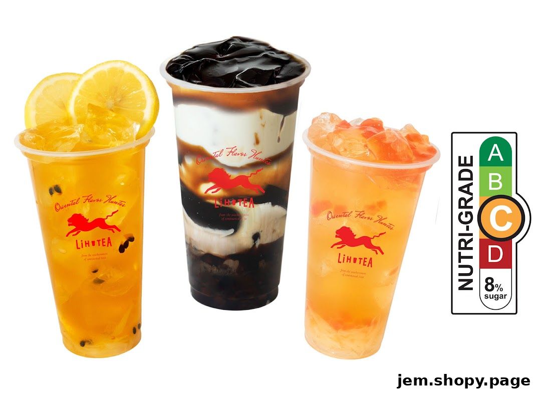 Three colorful LiHO TEA drinks with a Nutri-Grade label showing 8% sugar.