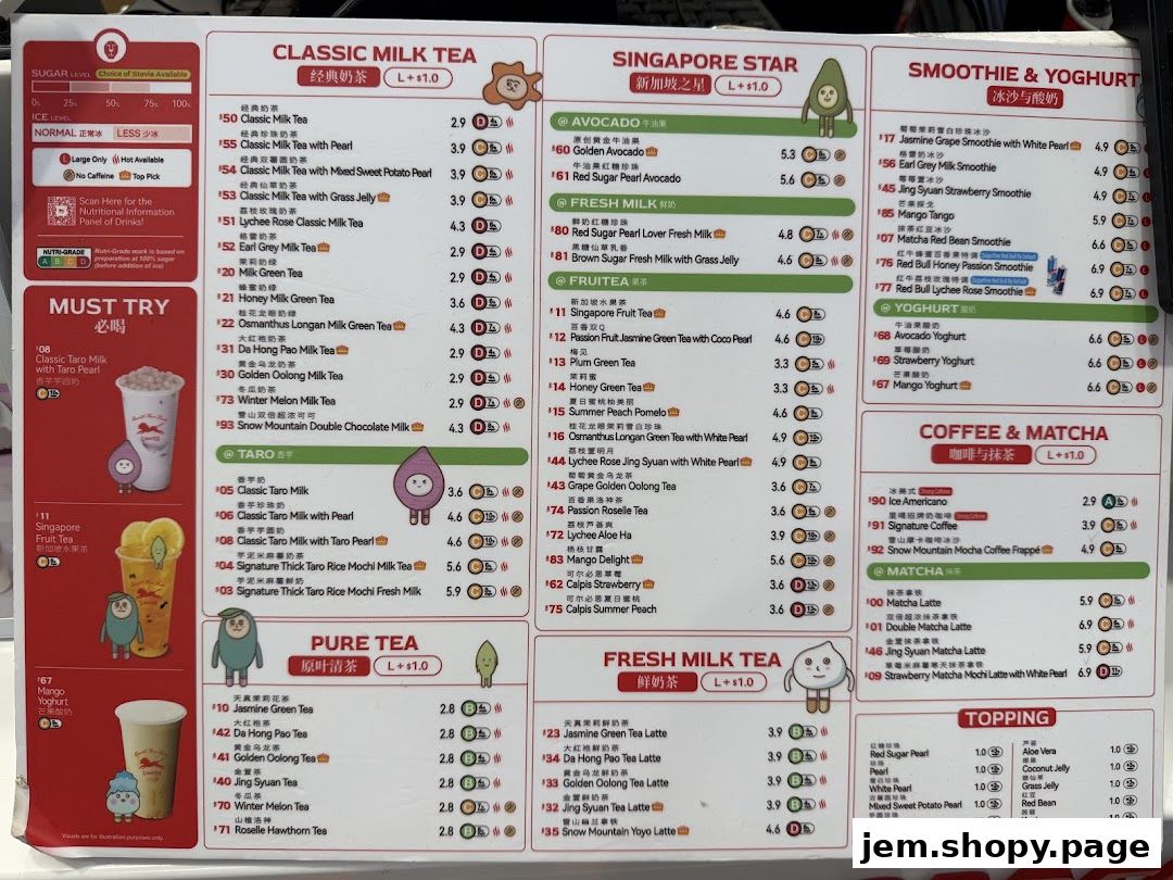 A menu for LiHO TEA featuring classic milk teas, Singapore star drinks, smoothies, yoghurts, and more.