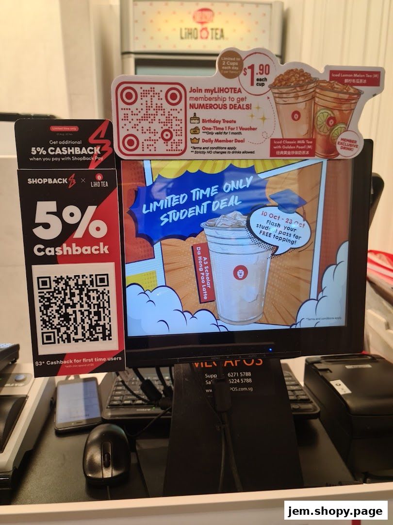 A display screen at LiHO TEA showing a student deal and cashback offer.