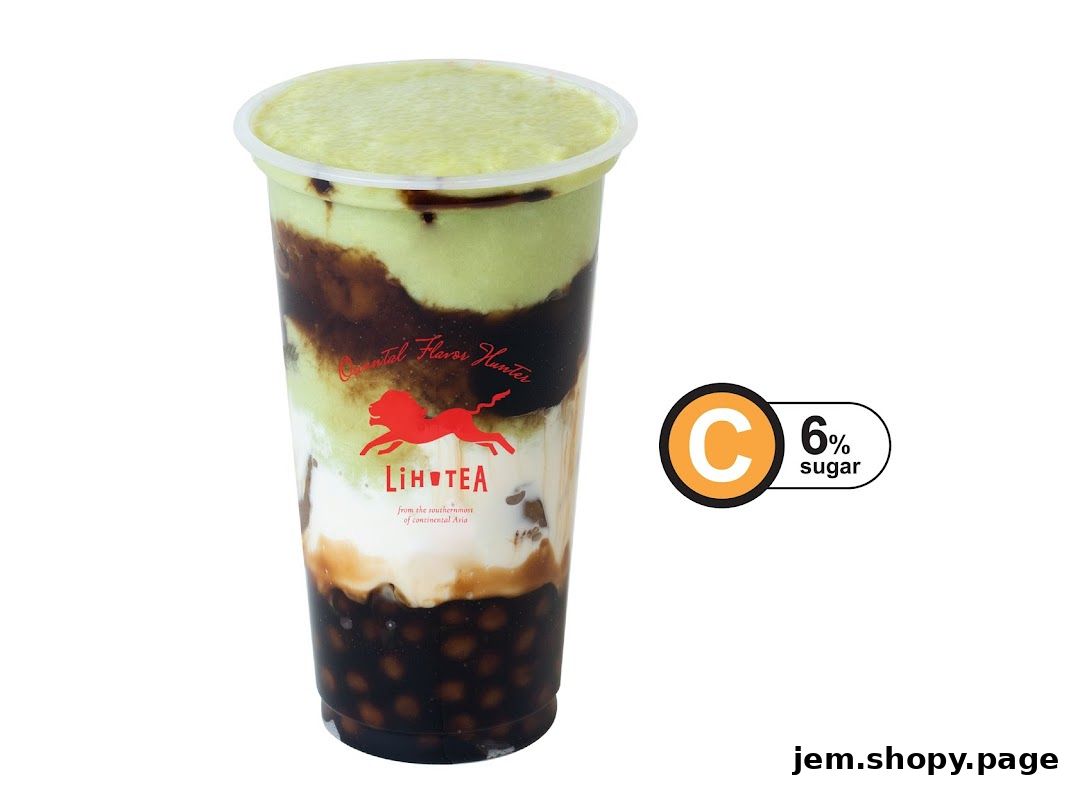 A layered bubble tea drink with avocado and chocolate flavors, and 6% sugar.