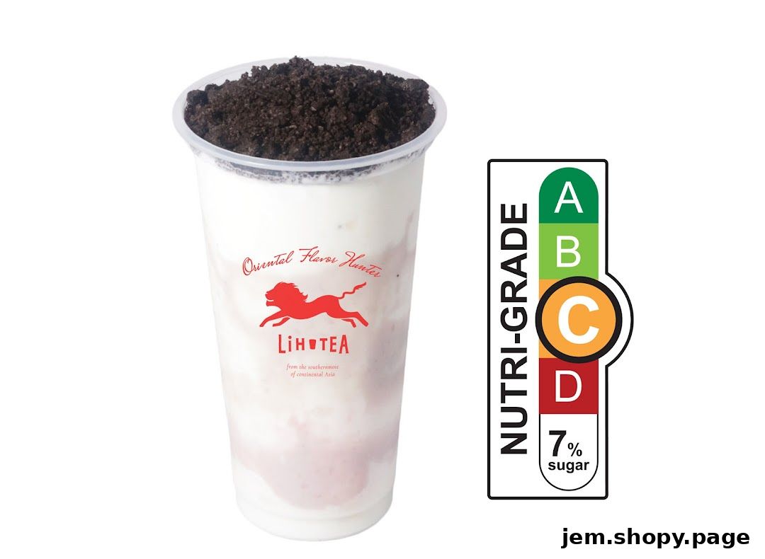 A LiHO TEA beverage with cookie crumble topping and a Nutri-Grade label.