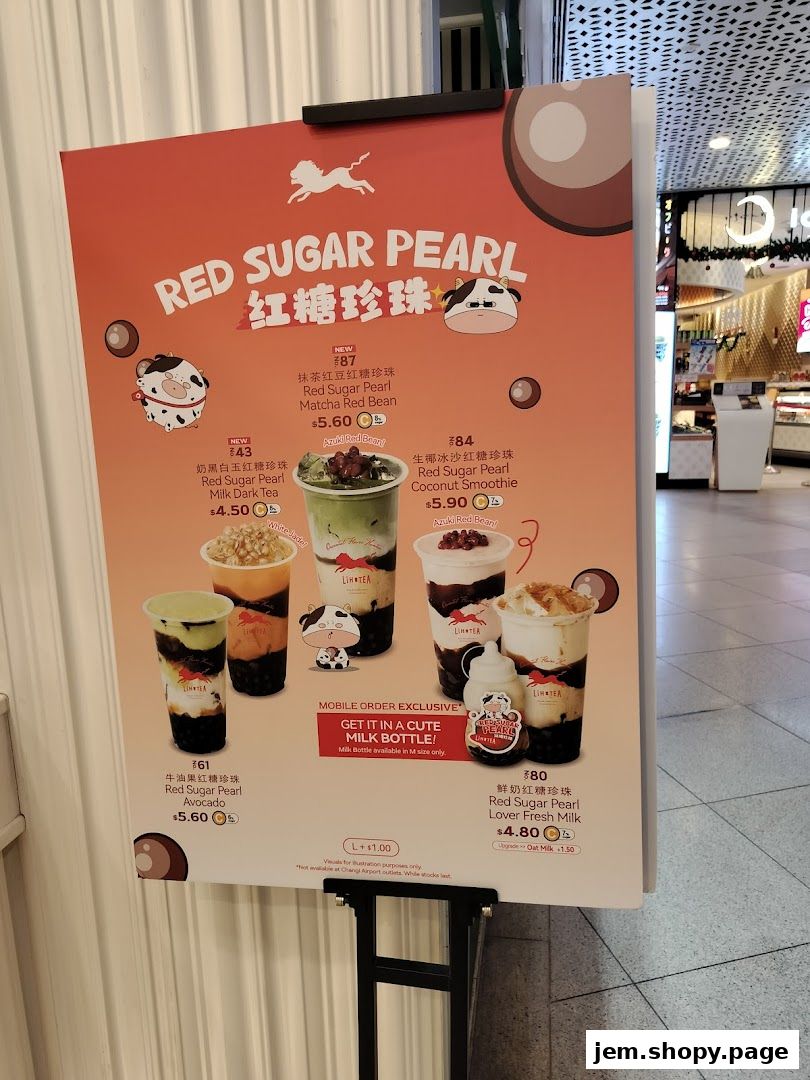 A menu board for LiHO TEA featuring Red Sugar Pearl drinks with various flavors and prices.