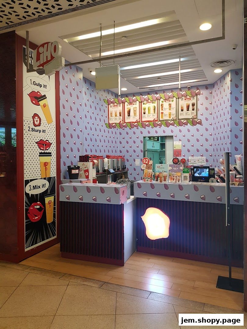 The LiHO TEA shop counter with colorful decor and menu displays.