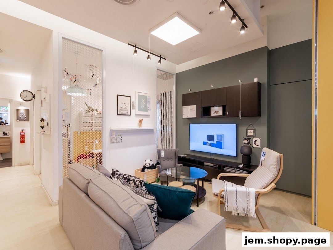 A modern living room display with a sofa, armchair, TV, and shelving unit.