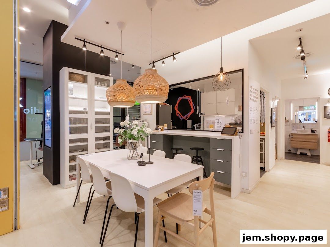 Interior of a modern home furnishing store with a dining set and kitchen display.