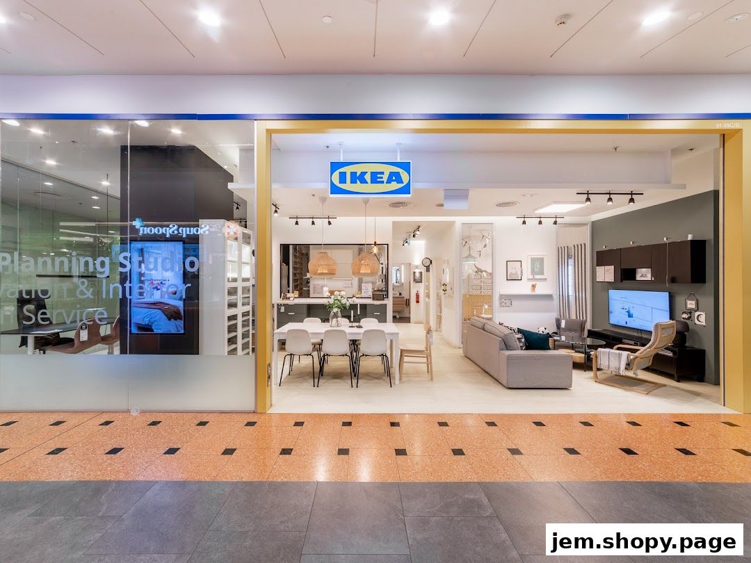 Interior view of an IKEA store showcasing living room and dining room furniture displays.