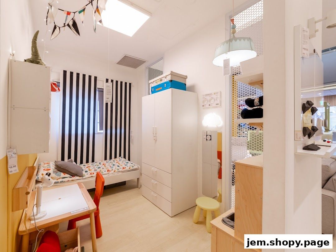 A child's bedroom setup with a bed, desk, wardrobe, and storage solutions.