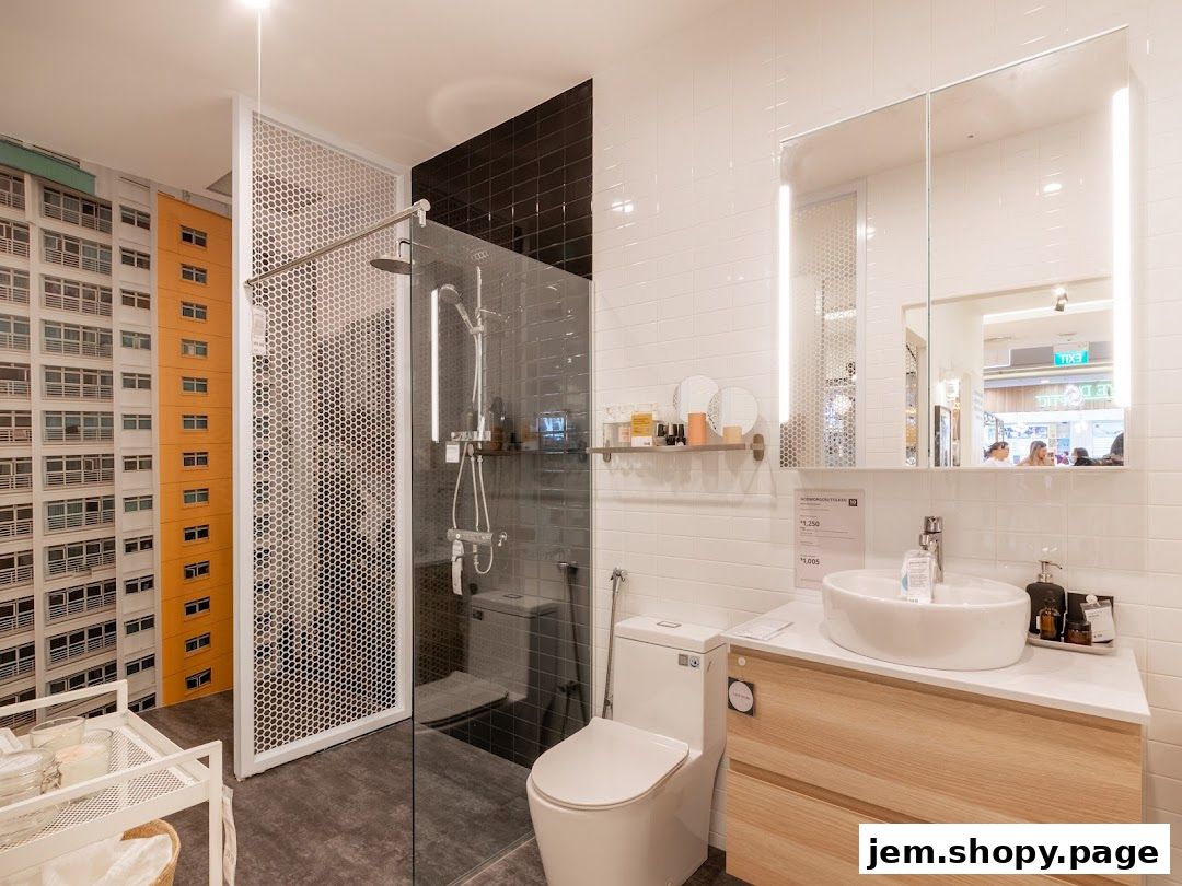 A modern bathroom display featuring a shower, toilet, and vanity with a unique building facade wallpaper.