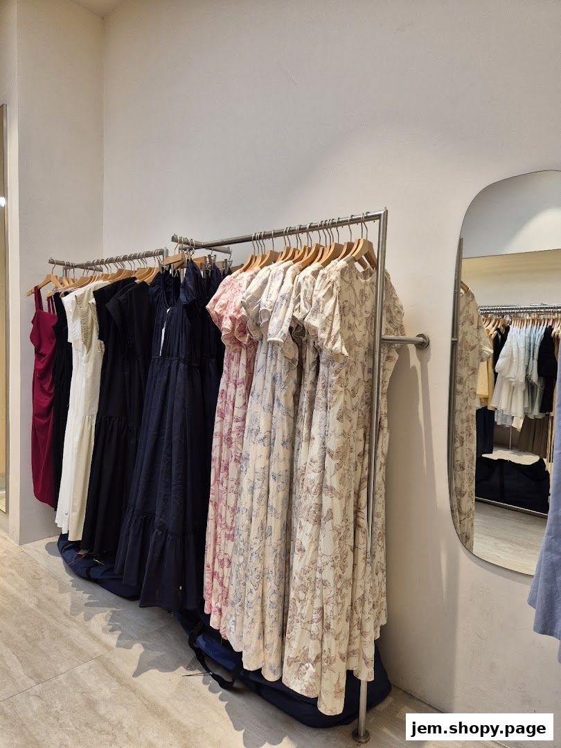 A rack of dresses in various colors and patterns displayed in a clothing store.