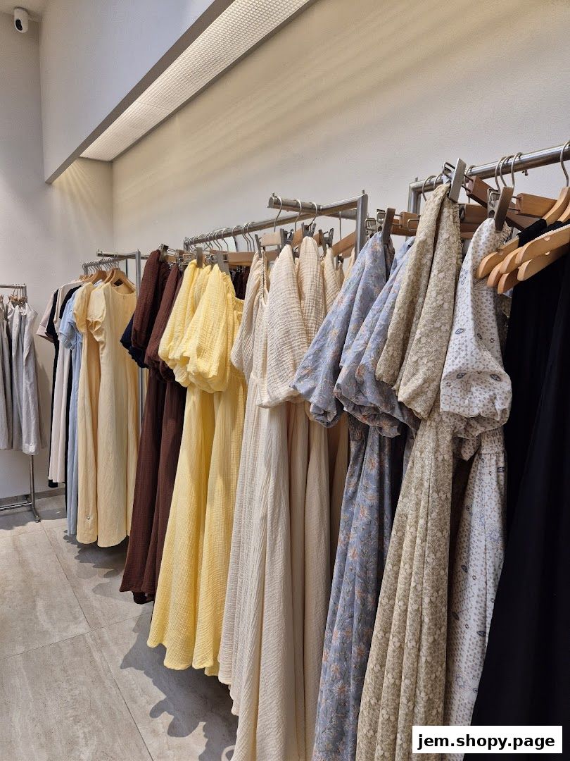 A rack of women's dresses in various pastel colors and floral prints.