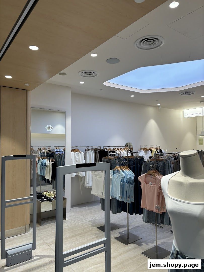 Interior view of a clothing store with racks of apparel and a mannequin.