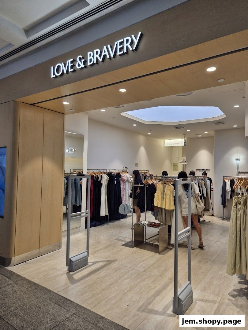 The entrance of the Love and Bravery clothing store, showcasing racks of apparel and a clean, modern interior.