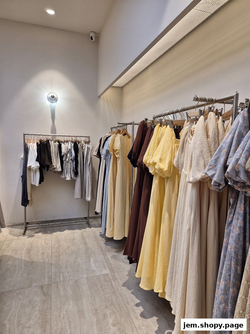 Interior view of a clothing store with racks of dresses and apparel.