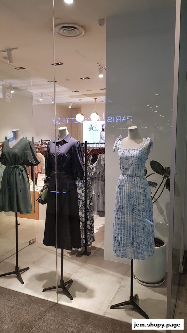 Mannequins display dresses in a well-lit retail store window.