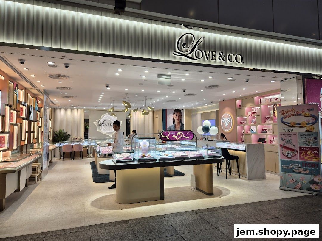 The interior of a jewelry store showcasing engagement rings and wedding bands.