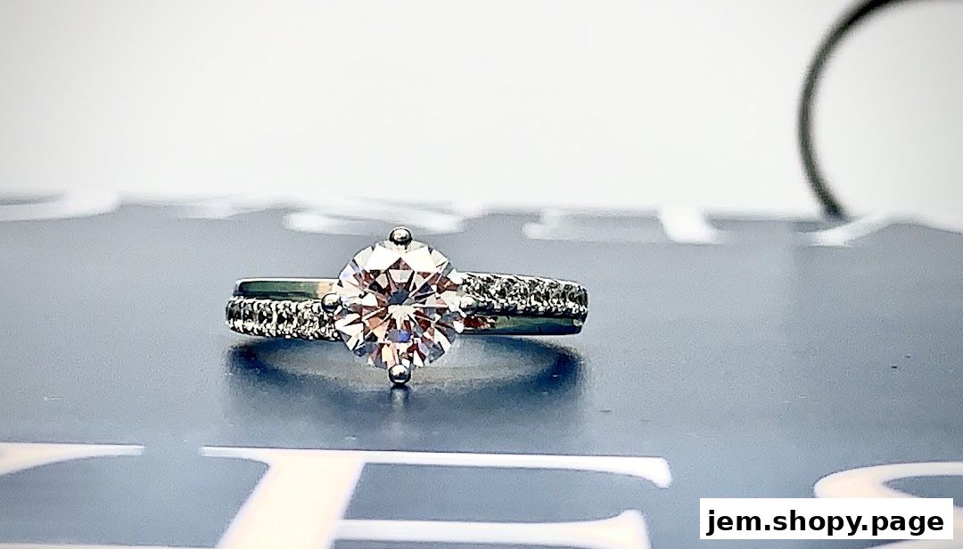 A close-up shot of a sparkling diamond engagement ring with a pave band.