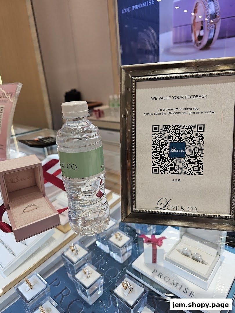 Display of engagement rings and wedding bands in a jewelry store with a feedback QR code.