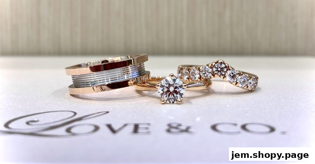 Close-up of engagement and wedding rings with the 'Love & Co.' logo.