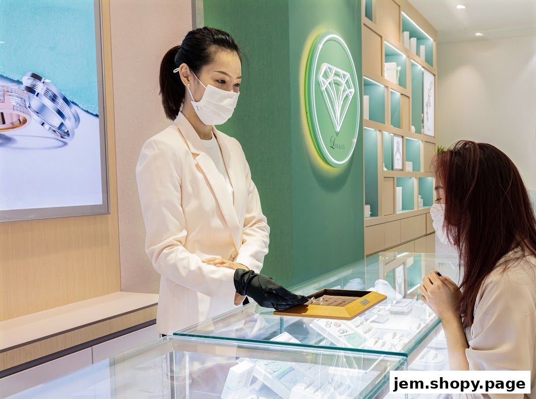 A sales associate shows a ring to a customer in a jewelry store.