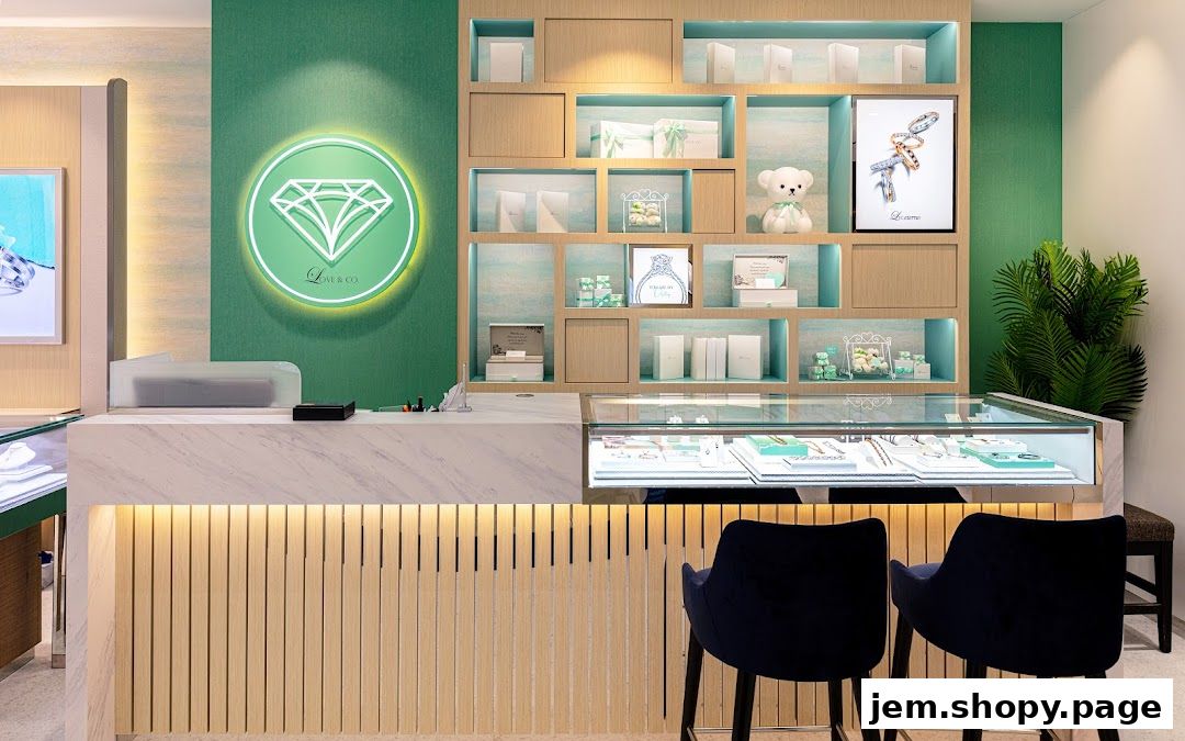 Interior of a jewelry store with display cases, shelves, and seating.