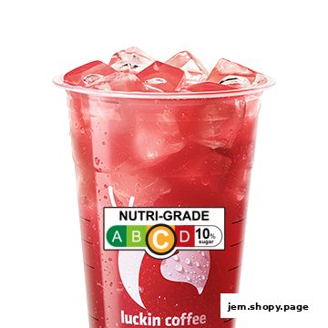 A close-up of a red iced beverage from Luckin Coffee with a Nutri-Grade label.