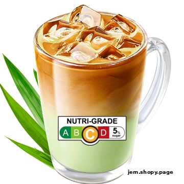 A refreshing iced coffee with a Nutri-Grade label and pandan leaves.