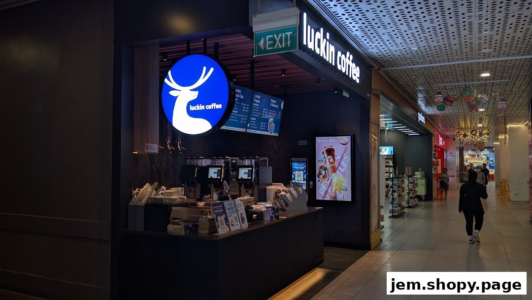 Luckin Coffee shop with a prominent logo and menu boards visible.