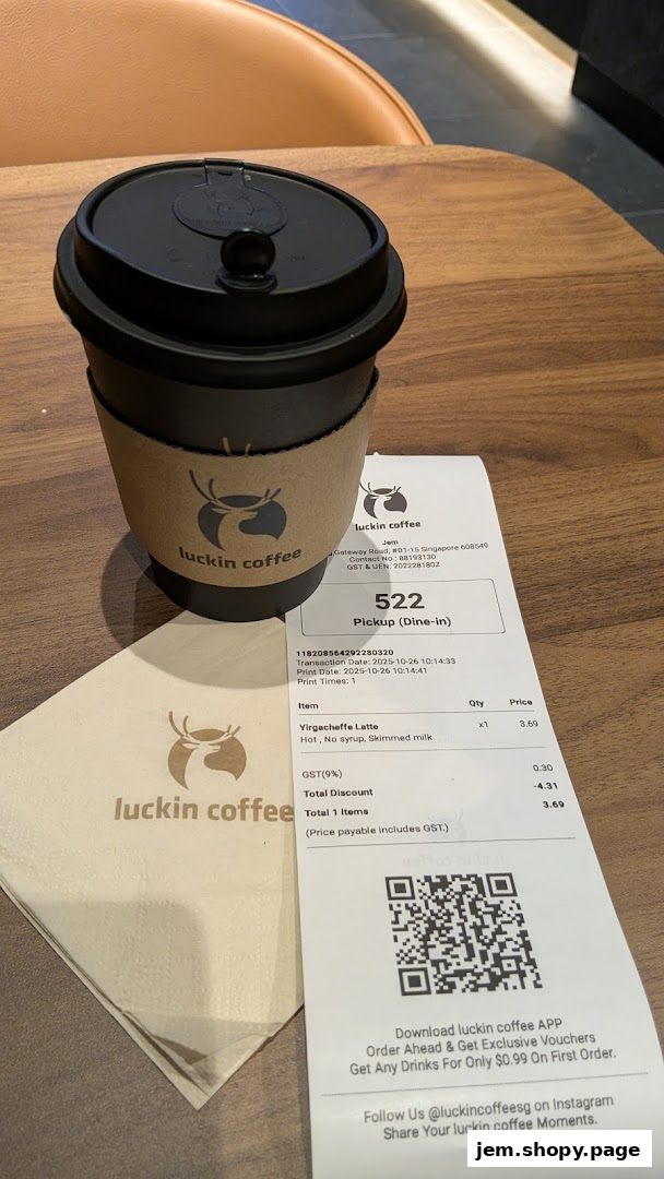 A cup of Luckin Coffee with a receipt and napkin on a wooden table.