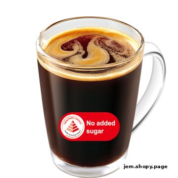 A clear mug filled with black coffee, featuring a 'No added sugar' label.