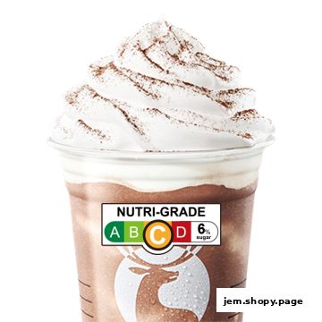A close-up of a chocolate beverage with whipped cream and a Nutri-Grade label.