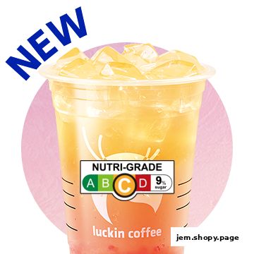 A refreshing Luckin Coffee beverage with ice and a Nutri-Grade label.