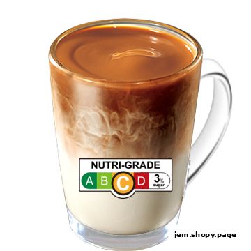 A glass mug filled with a creamy coffee drink, featuring a Nutri-Grade label.